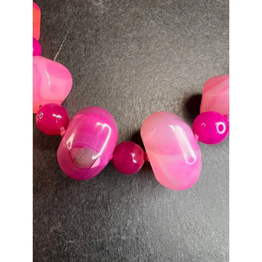 NEW Fuchsia pink dyed agate beaded necklace with sterling silver clasp